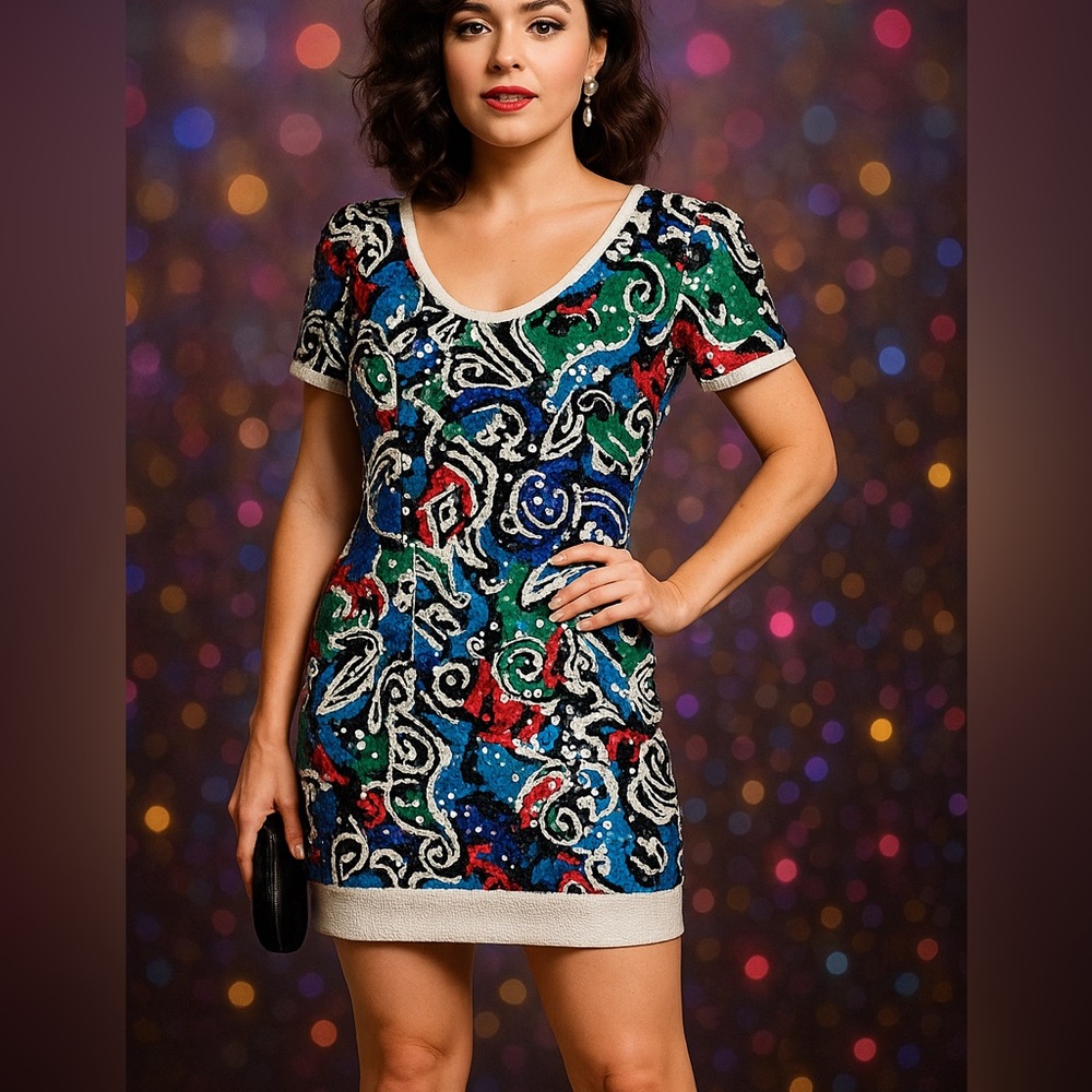 Vintage Lillie Rubin Colorful Sequin Dress Womens 6 Mini 80s USA Designer